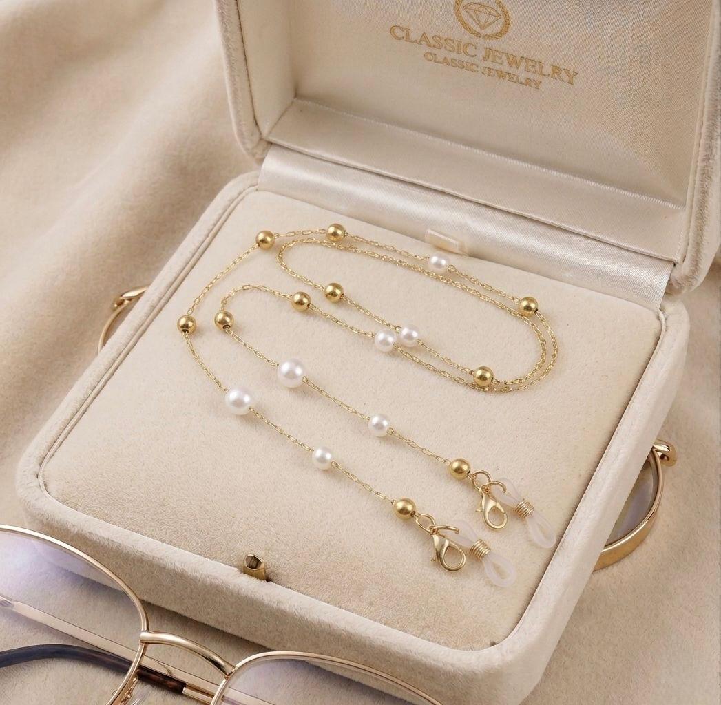 3 Lant pentru ochelari din otel inoxidabil, placat cu aur 14k, cu perle albe si bilute aurii, Noem® - imagine 1
