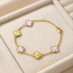 Bratara din otel inoxidabil, placata cu aur 14k, model cu trifoi sidefat roz si auriu, 19 cm, Noem®