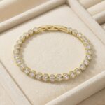 Brățară damă placată cu aur 14K, 17-18,5 cm, 5 mm, model tenis cu pietre rotunde strălucitoare, Noem®