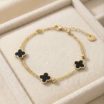 Bratara dubla din otel inoxidabil, placata cu aur 14k, cu trifoi negru, Noem®