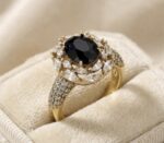 Inel damă placat cu aur 14K, model floral cu zirconiu negru oval, mărimea 6, Noem®