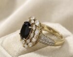 Inel damă placat cu aur 14K, model floral cu zirconiu negru oval, mărimea 6, Noem® - imagine 2