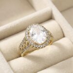 Inel elegant placat cu aur 14K, model Lady D cu piatră centrală și cristale, mărimea 6, Noem®