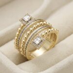 Inel statement placat cu aur 14K, model extravagant cu sfere și pietre pătrate, mărimea 6, Noem®