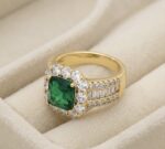 Inel placat cu aur 14K, cu piatră verde tip smarald și cristale, mărimea 6, Noem® - imagine 2