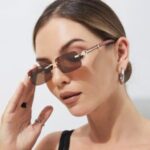 Ochelari de soare dama,premium, design fara rame cu lentila maro si brate aurii, Noem® - imagine 2