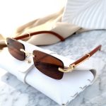Ochelari de soare dama,premium, design fara rame cu lentila maro si brate aurii, Noem® - imagine 5