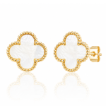 Cercei din otel inoxidabil, placati cu aur 14k, model trifoi cu sidef alb si bordura perlata, Noem® - imagine 2