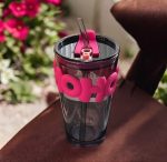 Pahar din sticla fumurie pentru cafea sau ceai, 400 ml, cu pai reutilizabil si manson din silicon, Noem® - imagine 3