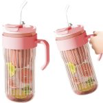 Cana din sticla striata cu infuzor/sita, 550 ml, cu maner, capac etans si pai de sticla inclus, roz, Noem® - imagine 6