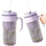Cana din sticla striata cu infuzor/sita, 550 ml, cu maner, capac etans si pai de sticla inclus, mov, Noem® - imagine 6