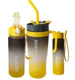 Set de 3 recipiente hidratare Beauty, sticle fitness cu masura portabila si manere practice, capacitati 1200ml, 800ml si 300ml, cu pai, Noem® - imagine 3