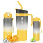 Set de 3 recipiente hidratare Beauty, sticle fitness cu masura portabila si manere practice, capacitati 1200ml, 800ml si 300ml, cu pai, Noem® - imagine 4