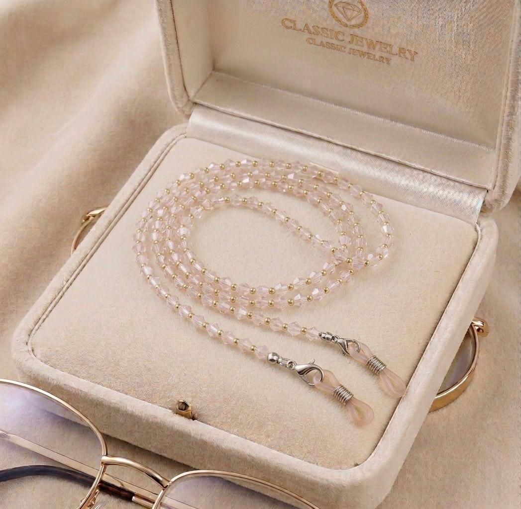 WhatsApp Image 2026-06-20 at 13.04.32 Lant pentru ochelari din otel inoxidabil, placat cu aur 14k, cu margele roz si detalii aurii, Noem® - imagine 1