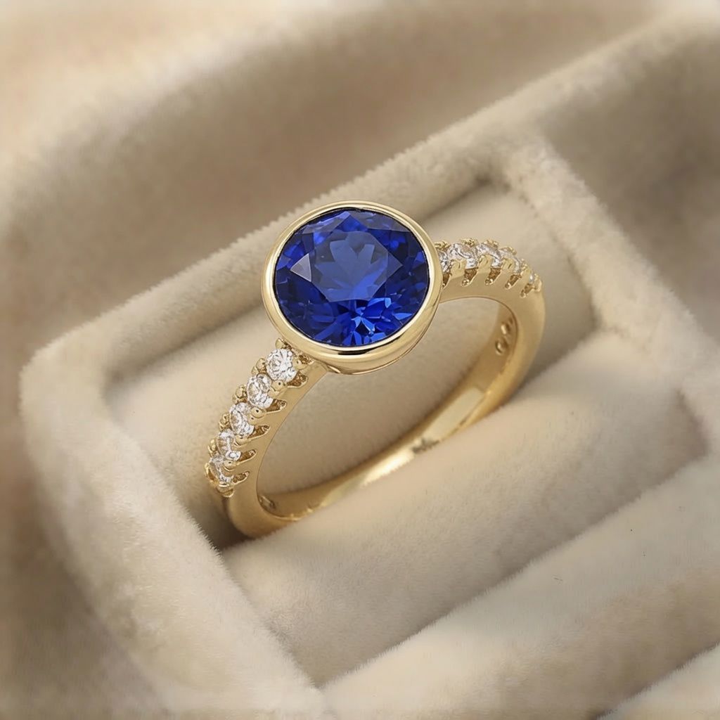 16 Inel elegant placat cu aur 14K, model cu cristal safir și zirconii albe, mărimea 10, Noem® - imagine 1