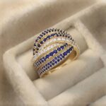 Inel luxury placat cu aur 14K, 17 mm, model cu zirconiu alb și safire, mărimea 6, Noem®