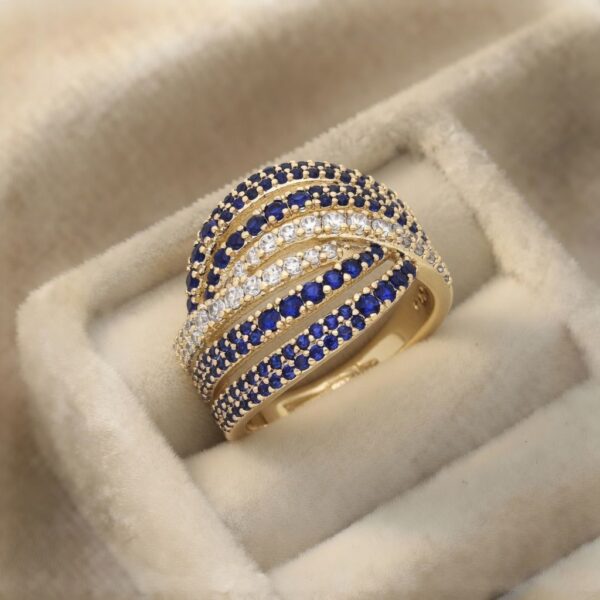 Inel luxury placat cu aur 14K, 17 mm, model cu zirconiu alb și safire, mărimea 6, Noem®