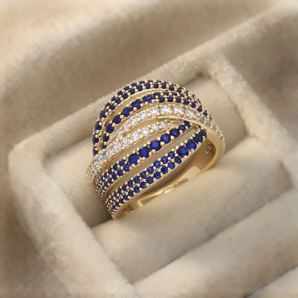 17 Inel luxury placat cu aur 14K, 17 mm, model cu zirconiu alb și safire, mărimea 6, Noem® - imagine 1