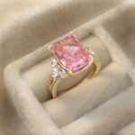 Inel luxury placat cu aur 14K, 14 mm, model cu diamant roz, Noem®