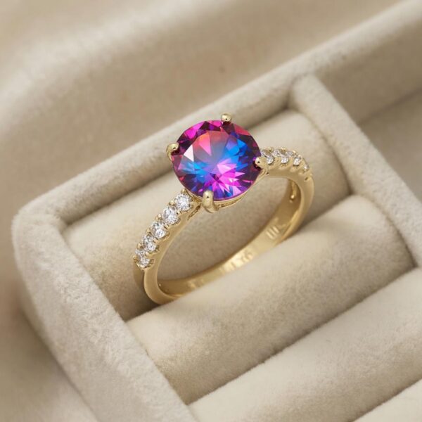 Inel elegant placat cu aur 14K, model cu cristal volcano și zirconii albe, mărimea 8, Noem®
