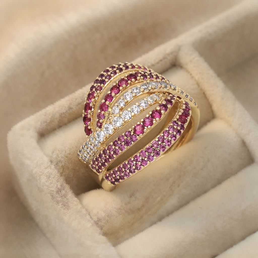 28 Inel luxury placat cu aur 14K, model cu randuri multiple de rubine și zirconii albe, mărimea 6, Noem® - imagine 1