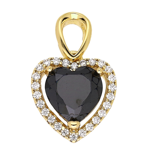 Pandantiv elegant placat cu aur 14K, 19/12 mm, model inimă cu piatră neagră și cristale, Noem®