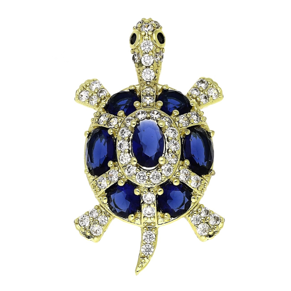 Pandantiv elegant placat cu aur 14K, 32/18 mm, model broască țestoasă cu piatră albastră și cristale, Noem®