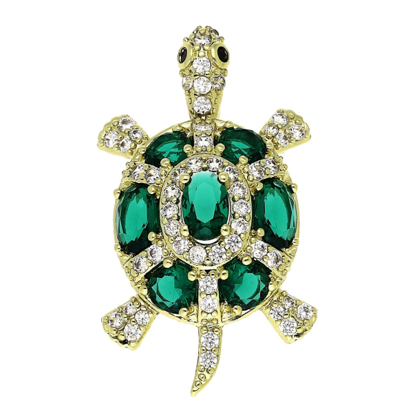 Pandantiv elegant placat cu aur 14K, 32/18 mm, model țestoasă cu pietre verzi și cristale, Noem®