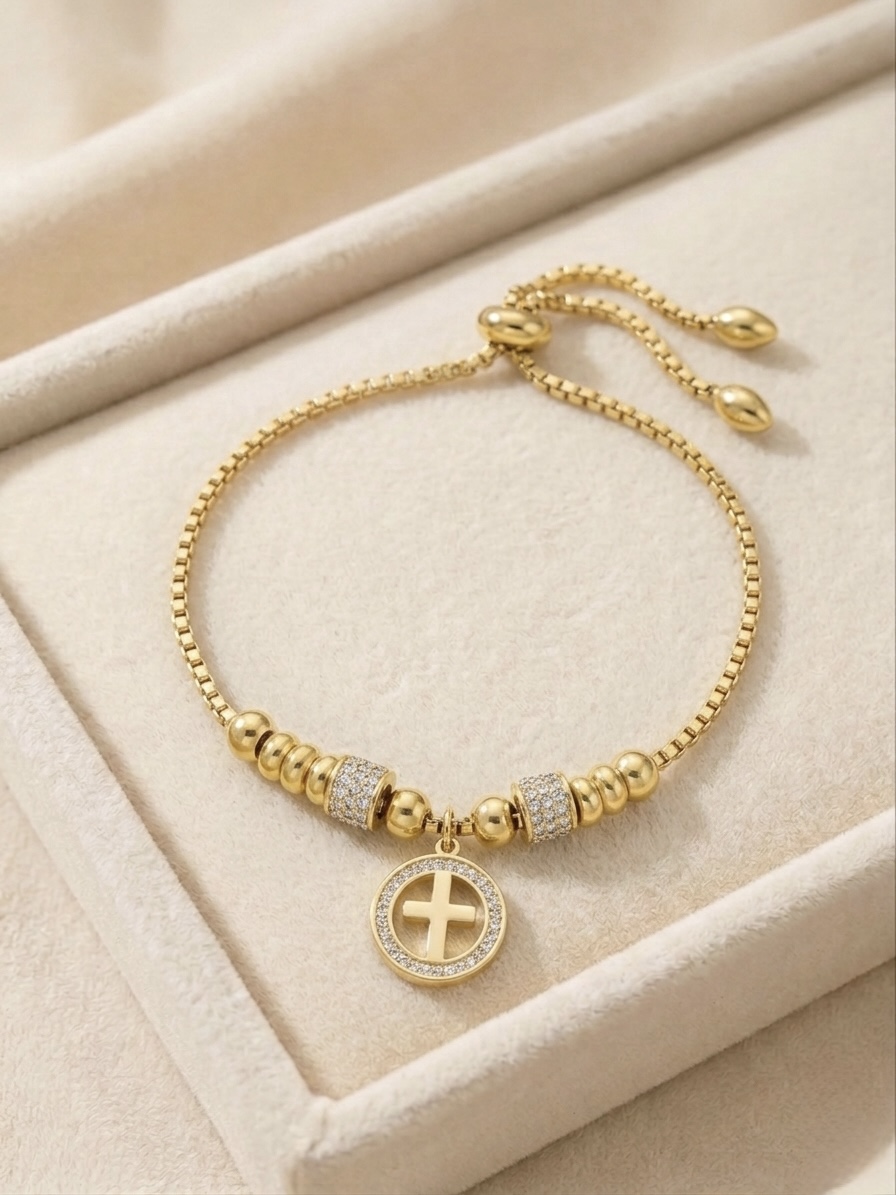 IMG_0738 Brățară elegantă placată cu aur 14K, 18 cm, model cu pandantiv și cristale, Noem® - imagine 1