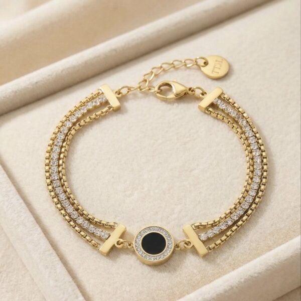 Brățară elegantă placată cu aur 14K, 18+3 cm, model cu cristale și piatră neagră, Noem®