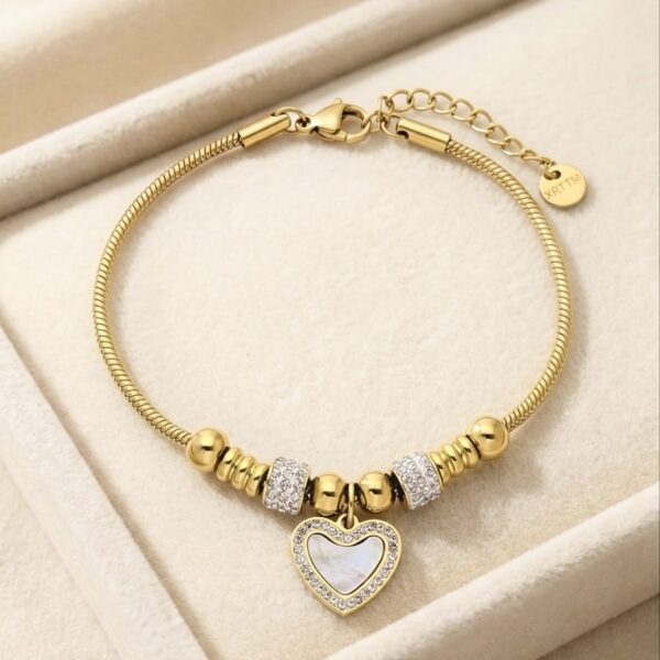 Brățară elegantă placată cu aur 14K, 17+3 cm, model cu inimă și cristale, Noem®