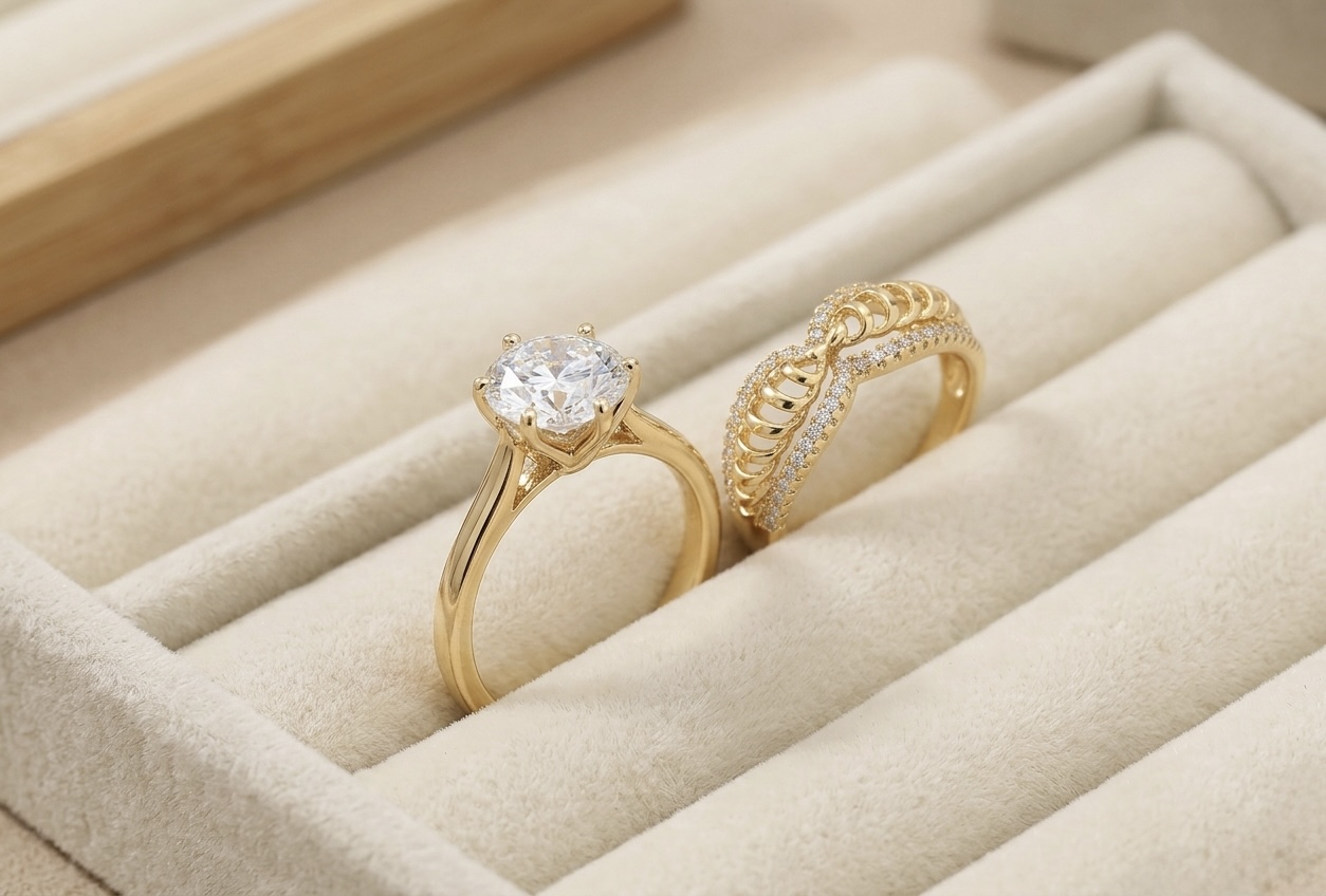 IMG_0768 Set de 2 inele elegante placate cu aur 14K, 14 mm, model cu zirconiu alb, mărimea 6, Noem® - imagine 1