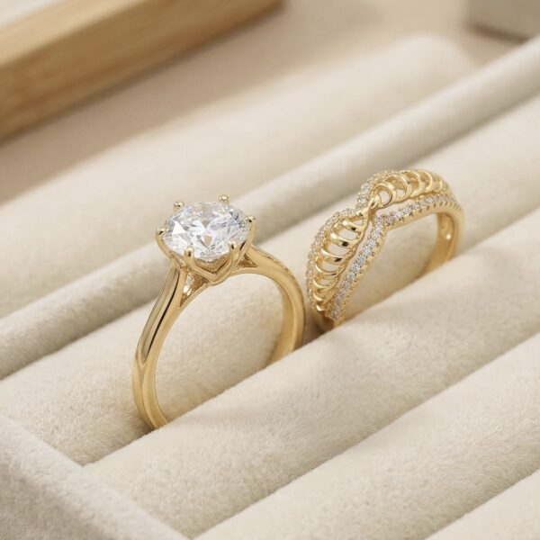 Set de 2 inele elegante placate cu aur 14K, 14 mm, model cu zirconiu alb, mărimea 8, Noem®