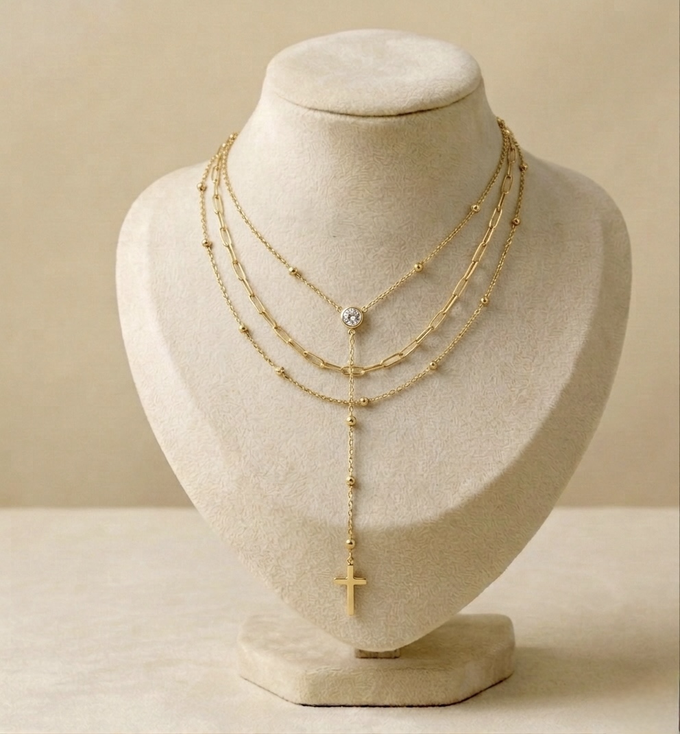 IMG_1007 Colier de damă placat cu aur de 14K, în straturi cu zale alungite, bobițe și medalion cruce lucioasă, Noem® - imagine 1