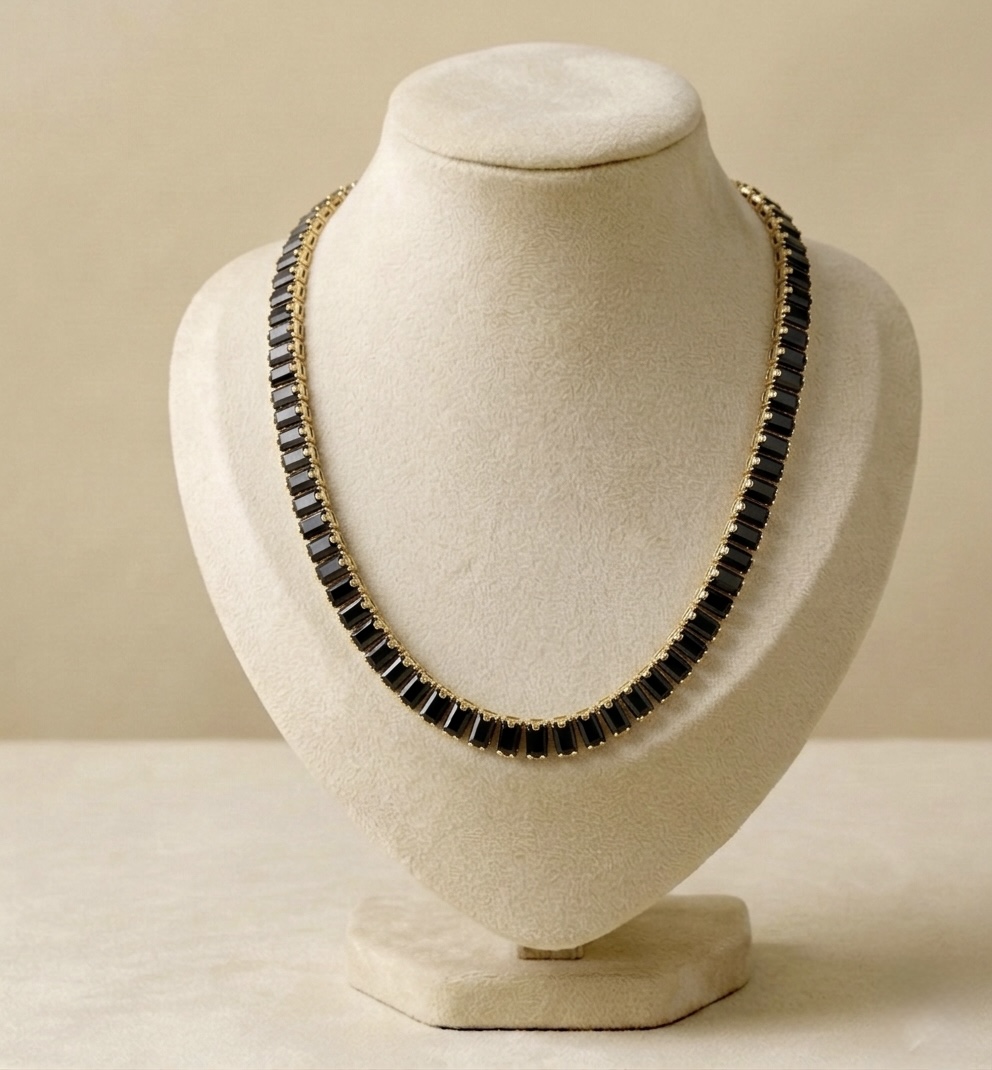 IMG_1009 Colier placat cu aur de 14K, tip tenis, cu pietre negre tăietură baguette, Noem® - imagine 1
