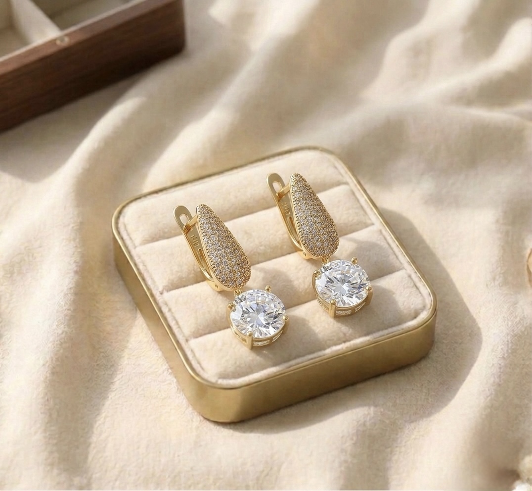 IMG_1177 Cercei placați cu aur de 14K, model pictură cu cristal mare rotund, Noem® - imagine 1