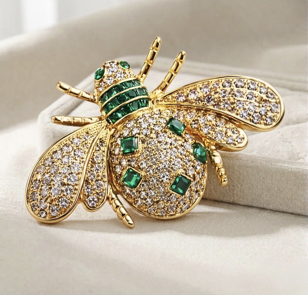 IMG_1355 Broșă placată cu aur de 14K, model albină cu pavaj de cristale clare și inserții verde smarald, Noem® - imagine 1