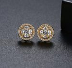 Cercei placați cu aur de 14K, mici tip nasture, cu design floral geometric din zirconiu cubic, Noem® - imagine 2