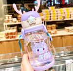 Sticlă de apă pentru copii, violet cu pai, model unicorn și cornițe de cerb din silicon, 600 ml, 19 cm x 8,5 cm, Noem®
