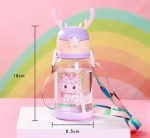 Sticlă de apă pentru copii, violet cu pai, model unicorn și cornițe de cerb din silicon, 600 ml, 19 cm x 8,5 cm, Noem® - imagine 2