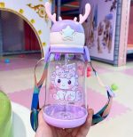 Sticlă de apă pentru copii, violet cu pai, model unicorn și cornițe de cerb din silicon, 600 ml, 19 cm x 8,5 cm, Noem® - imagine 4