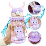 Sticlă de apă pentru copii, violet cu pai, model unicorn și cornițe de cerb din silicon, 600 ml, 19 cm x 8,5 cm, Noem® - imagine 5