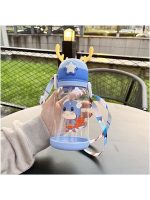 Sticlă de apă pentru copii, albastră cu pai, model ursuleț supererou și cornițe din silicon, 600 ml, 19 cm x 8,5 cm, Noem® - imagine 4