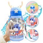 Sticlă de apă pentru copii, albastră cu pai, model ursuleț supererou și cornițe din silicon, 600 ml, 19 cm x 8,5 cm, Noem® - imagine 5
