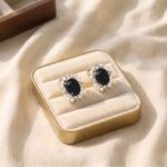 Cercei eleganți placați cu aur 14K, 17/16 mm, model marquise cu diamant negru, Noem®