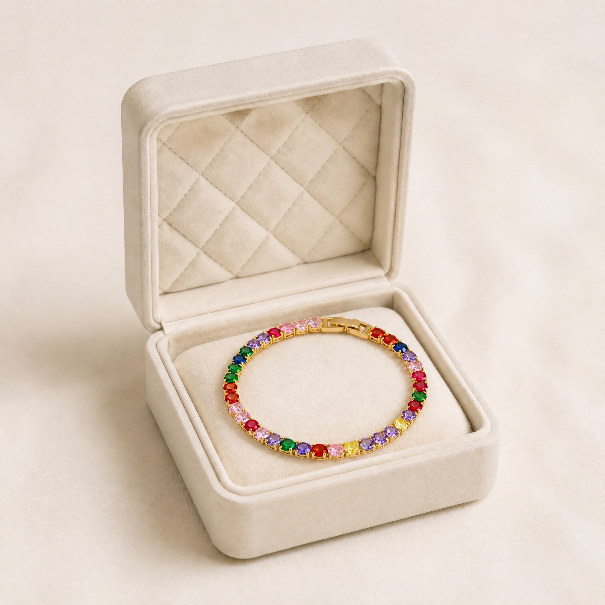 b01_gemstones_colorate_2 (1) Brățară de tenis placată cu aur de 14K, model curcubeu cu un rând de cristale rotunde multicolore și închizătoare pliabilă , 19 cm, Noem® - imagine 1
