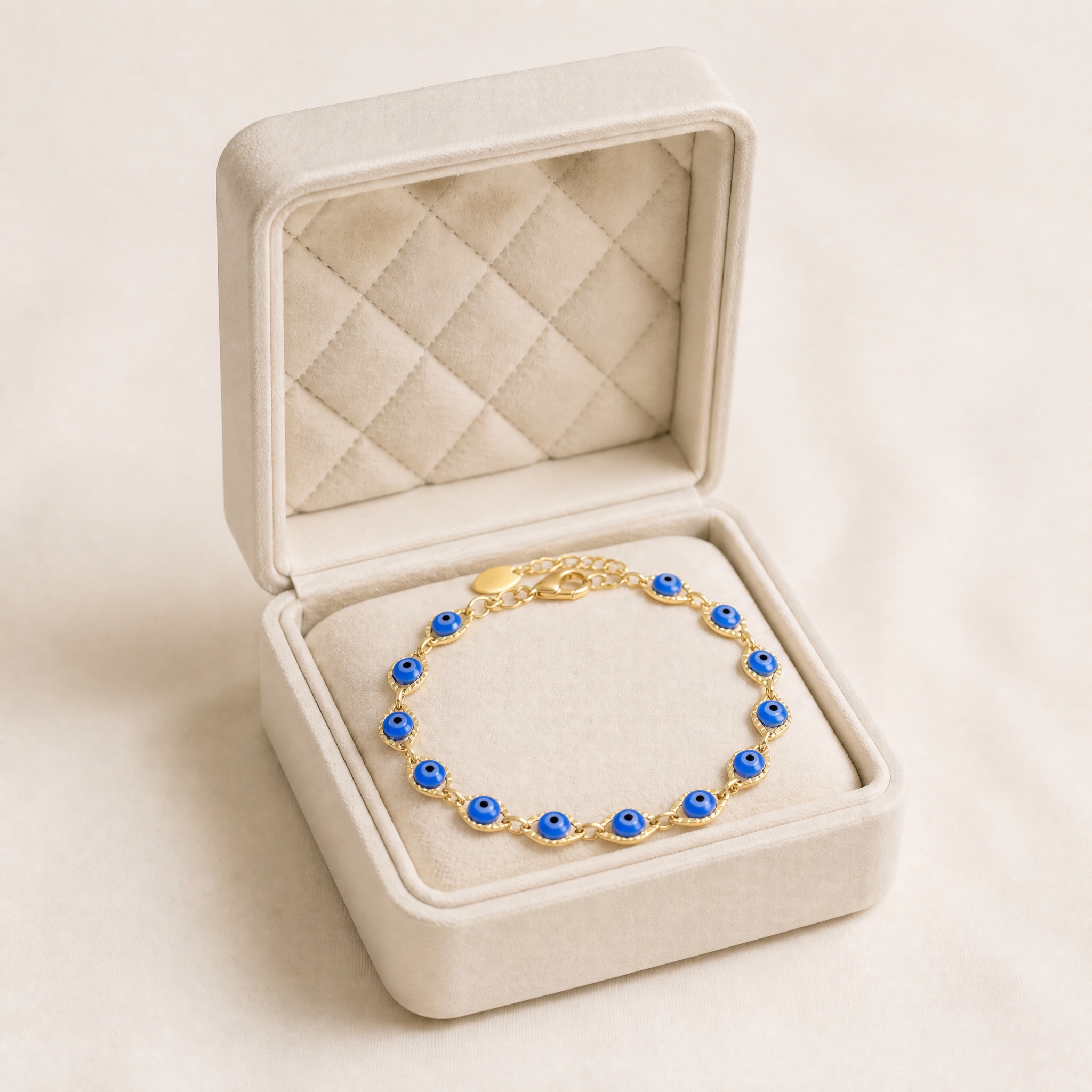 b08_evil_eye_albastru_2 Brățară placată cu aur 14K, 18+3 cm, model cu ochi protectori din email albastru, 5 mm, Noem® - imagine 1