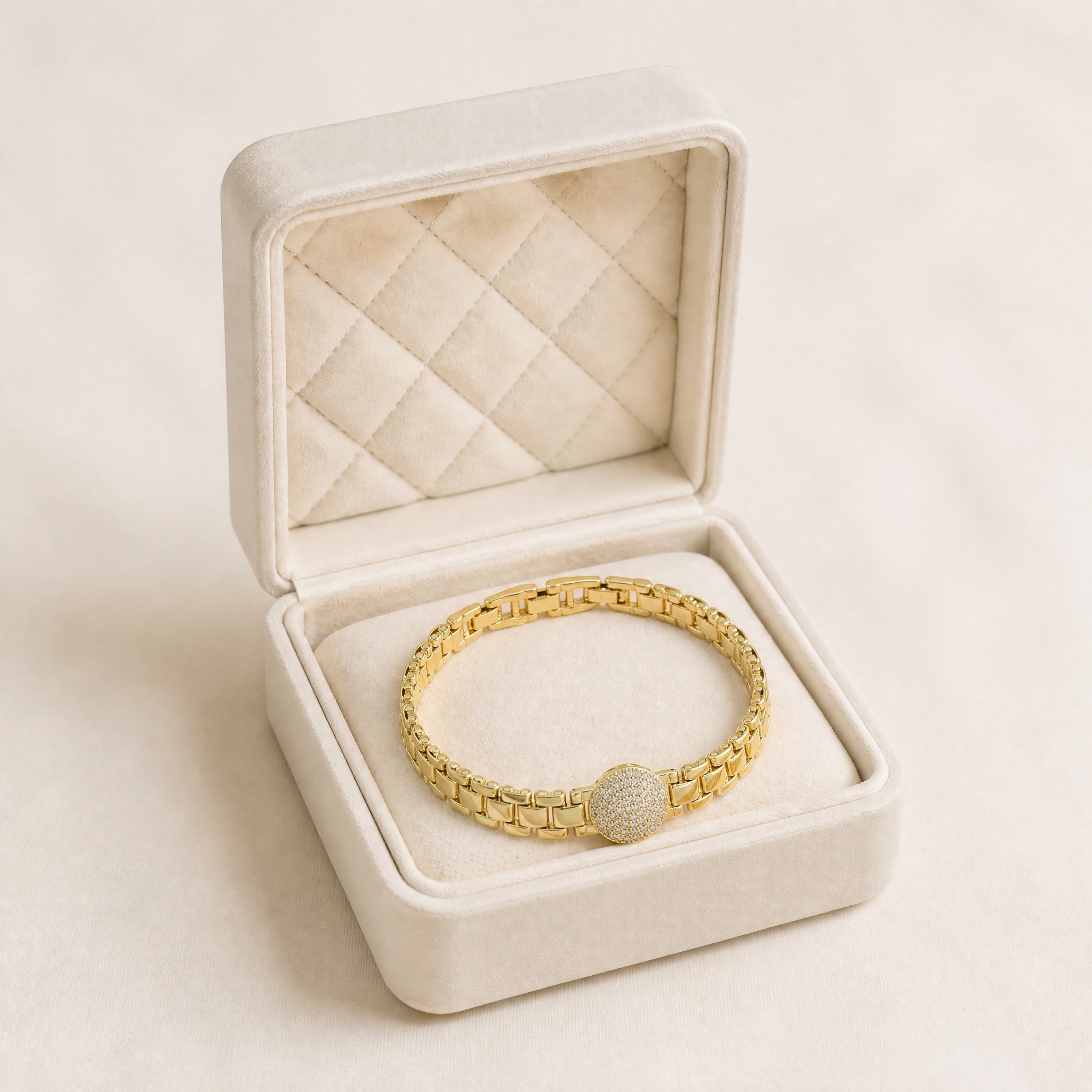 b28_link_alternant_2 Brățară placată cu aur 14K, 16.5-19 cm, model zale tip ceas cu medalion rotund pavat cu cristale, 13 mm, Noem® - imagine 1