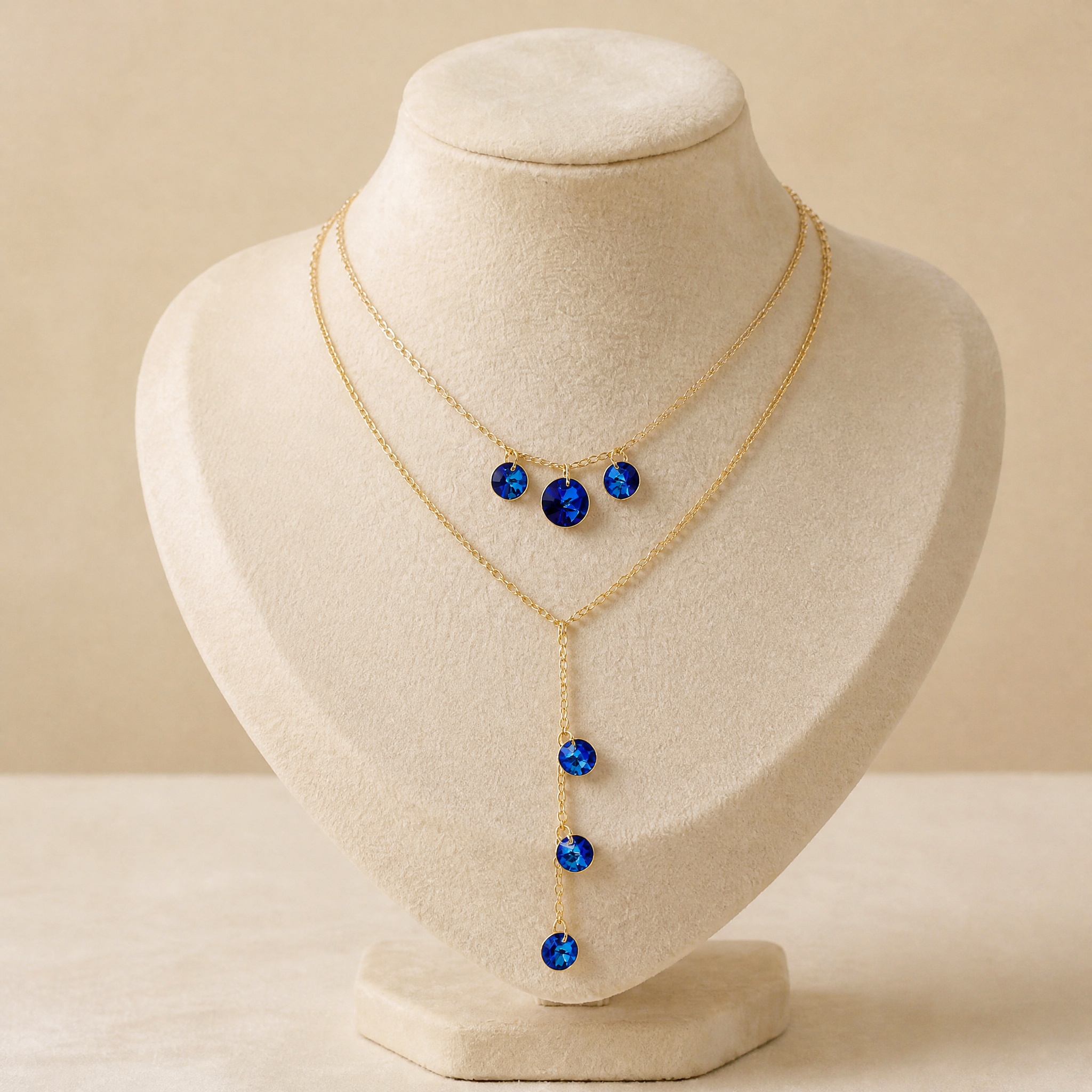 colier_dublu_albastru_bust1_2 Colier statement placată cu aur 14K, design modern cu două rânduri și pandantive cu cristale safir, 38+4 cm, extensie 6 cm, Noem® - imagine 1