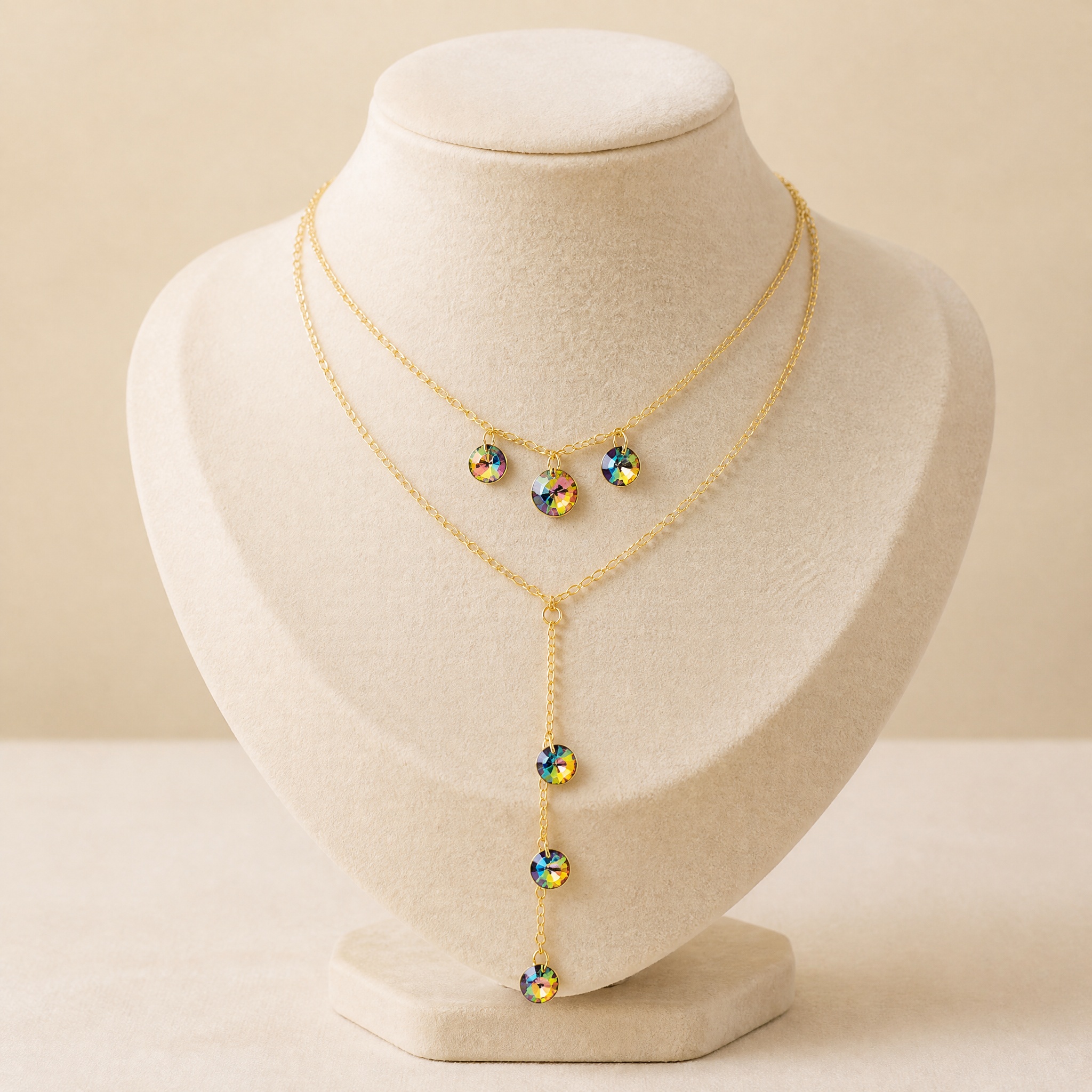colier_dublu_curcubeu_bust1_2 Colier statement placat cu aur 14K, design modern cu două rânduri și pandantive cu cristale Vitrail, 38+4 cm, extensie 6 cm, Noem® - imagine 1